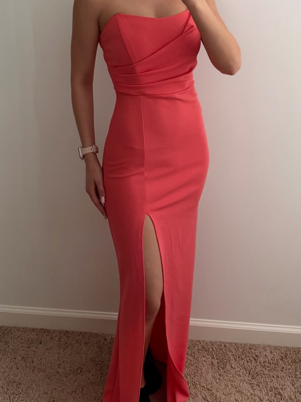 Windsor Strapless Coral Pink Bodycon Maxi Dress with Front Slit